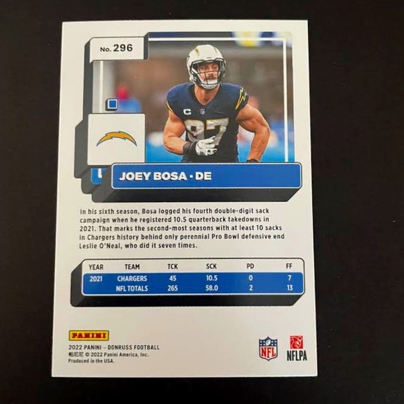 Joey Bosa: Los Angeles Chargers, Linebacker 2022 Panini Donruss Football #296 - Picture 2 of 2